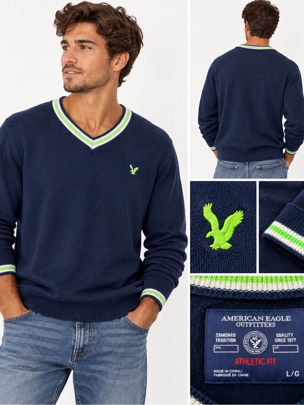 American Eagle Navy V-Neck Sweater Green Stripe Eagle Logo L